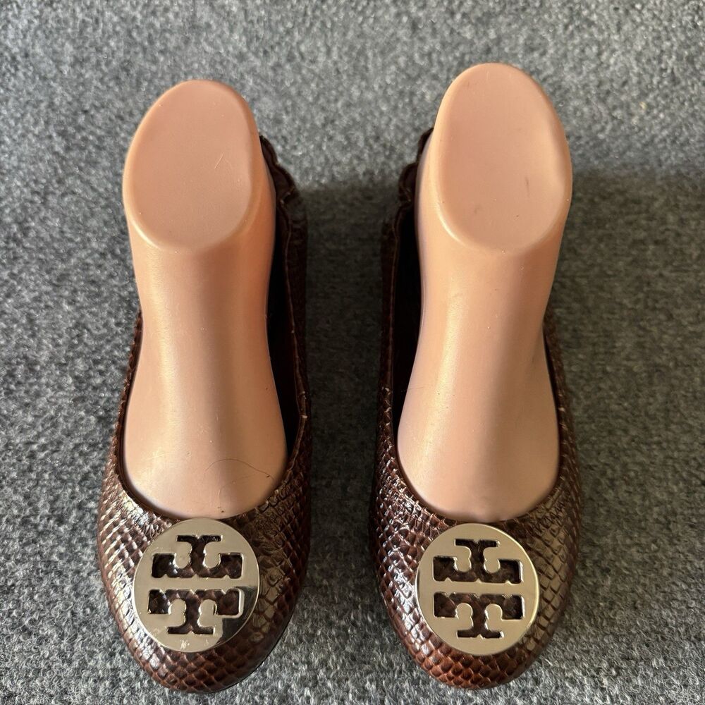 Tory Burch Reva Ballet Flat in Burgundy Snakeskin Print with Silver Medallion 37